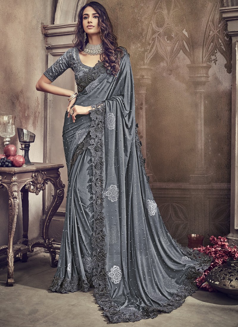 Designer Saree With Cut Work Border And Heavy Work Blouse Piece