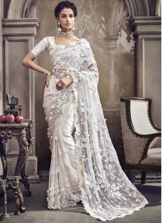 Decent White Saree With Cut Work Border And Heavy Work Blouse Piece