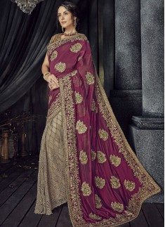 Designer Saree With Pure Satin Pallu And Contrast Heavy Work Blouse