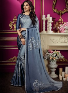 Elegant Diamond Work Saree With Digital Print Blouse Piece