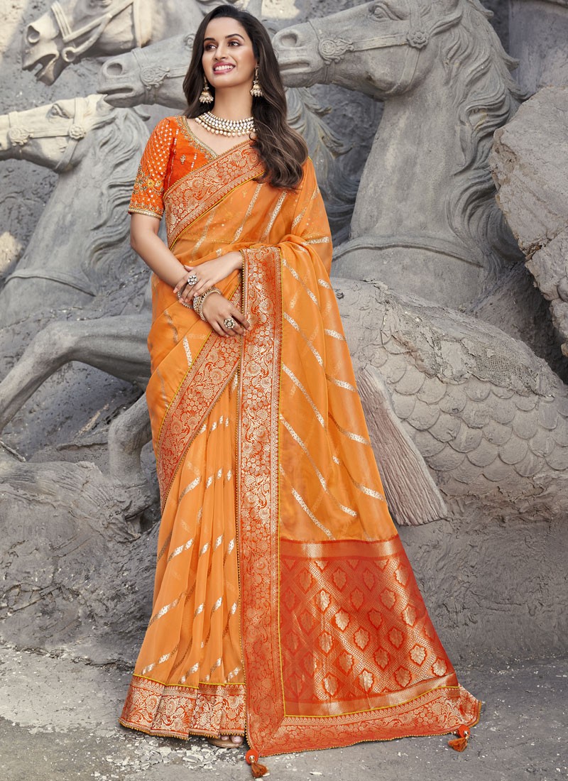 Elegant Look Net Organza Fabric Saree With Contrast Heavy Work ...