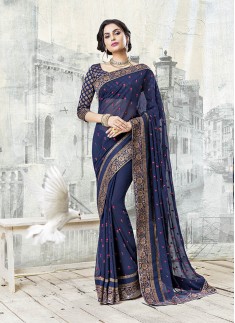 Exclusive Nevy Blue Color Saree With Brocade Blouse