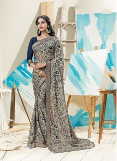 Fancy Printed Grey Color Saree With Contrast Blouse