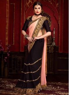 Genius Resham Work Faux Chiffon Designer Half N Half Saree