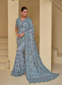 Luxurious Grey Banarasi Silk Embroidered Saree