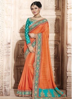 Orange Embroidered Work Handloom silk Designer Traditional Saree