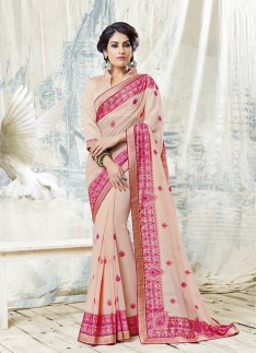 Peach Color Saree With Pink Color Resham Work
