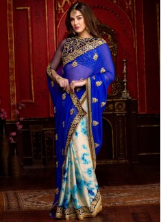 Piquant Patch Border Work Faux Chiffon Designer Half N Half Saree