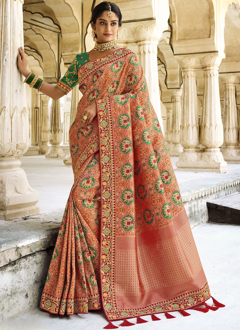Antique Green Woven Banarasi Silk Saree With Contrast Brocade Blouse – Zari  Banaras